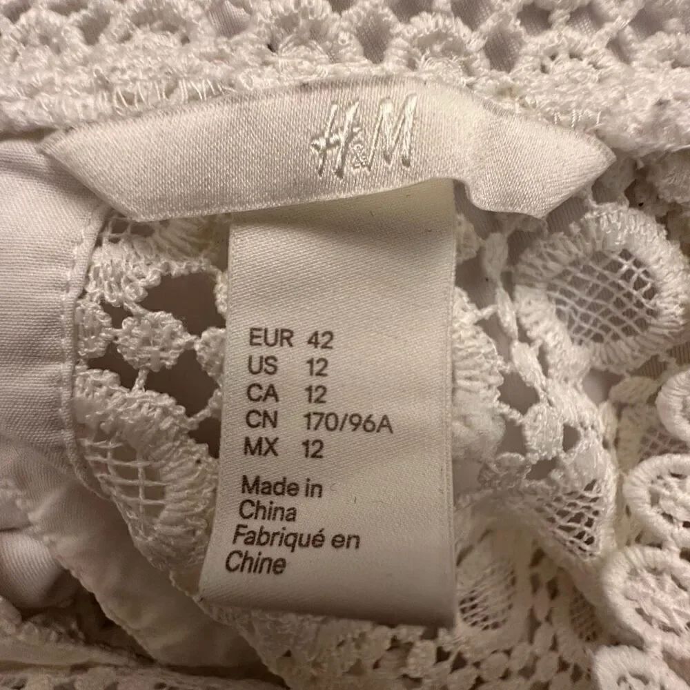 H&M Crochet Guipure Lace High Neck Keyhole Back Long Sleeve Blouse White Size 12 - Picture 4 of 5